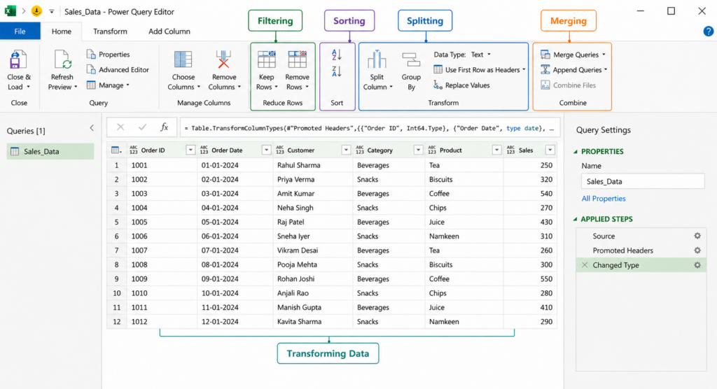 power query editor interface filtering sorting splitting merging transforming data excel