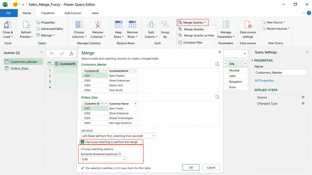 power query fuzzy matching option merge queries similar values excel example
