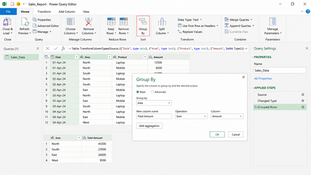power query group by sum amount by area excel example