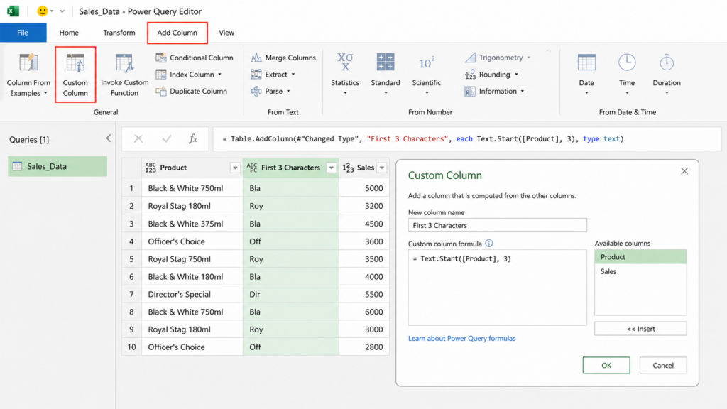 power query left function text.start custom column example excel