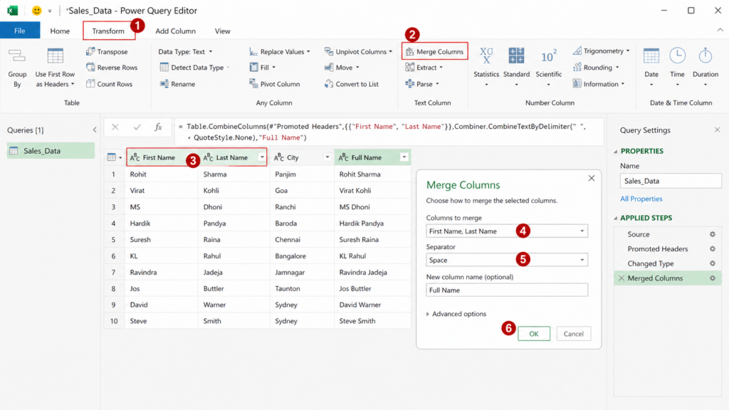 power query concatenate columns merge columns step by step excel example