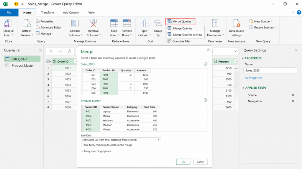 power query merge queries window join tables excel left outer join example