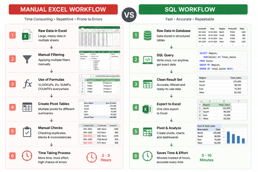 Manual Excel reporting compared with SQL reporting workflow