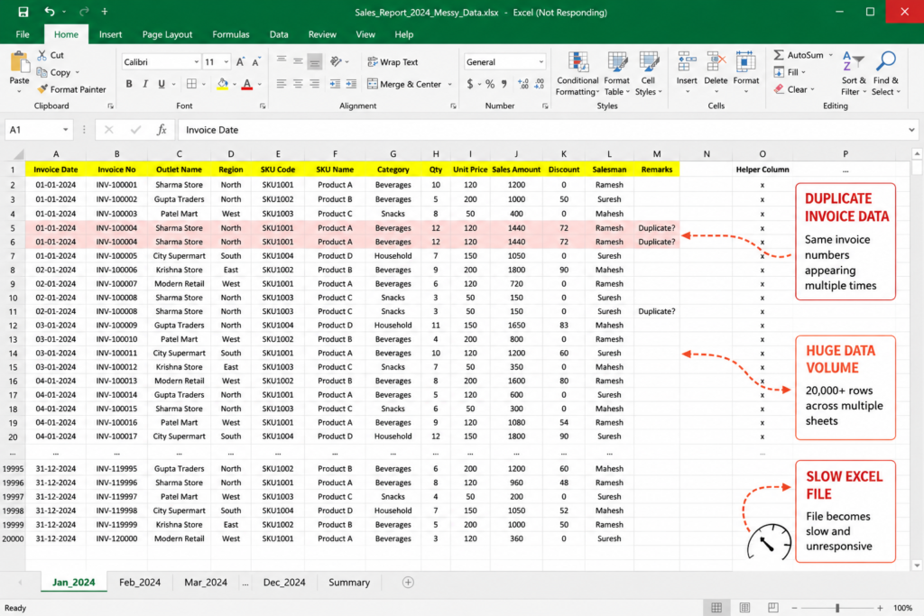 Messy Excel sales report before using SQL for MIS reporting