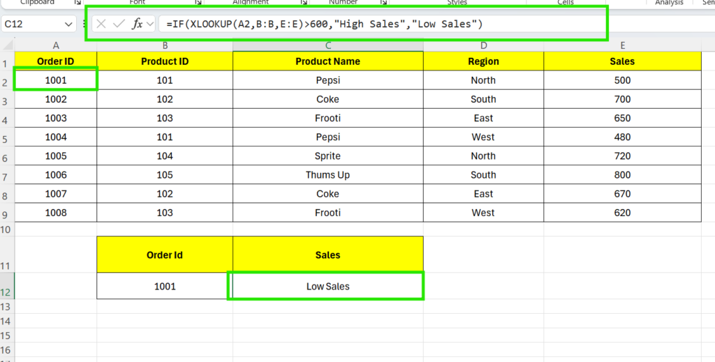 IF with XLOOKUP in Excel example showing conditional formula to categorize sales as High Sales or Low Sales based on lookup results.