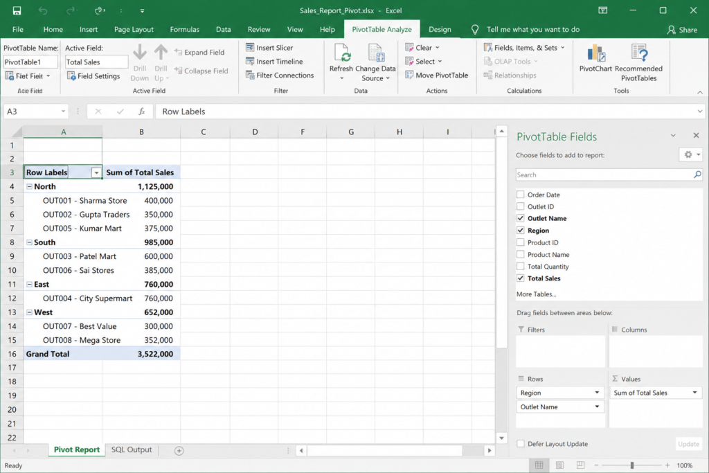 Excel Pivot Table created using SQL data output