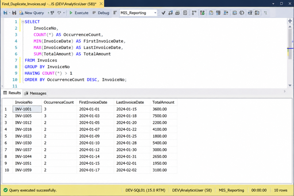 SQL duplicate invoice detection query result