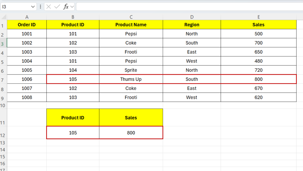 XLOOKUP in Excel output example showing Product ID 105 returning sales value 800 from a sales dataset using lookup formula
