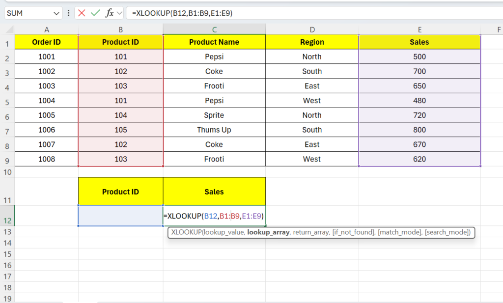 XLOOKUP in Excel example showing how to find sales using Product ID with lookup array and return array formula demonstration for reporting analysis.