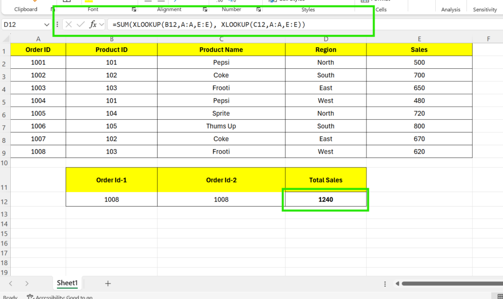 SUM with XLOOKUP in Excel example showing how to combine sales values from multiple Order IDs using nested lookup formulas.
