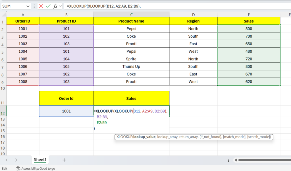 Nested XLOOKUP in Excel example showing how to find sales using Order ID by combining multiple XLOOKUP formulas in a sales dataset.