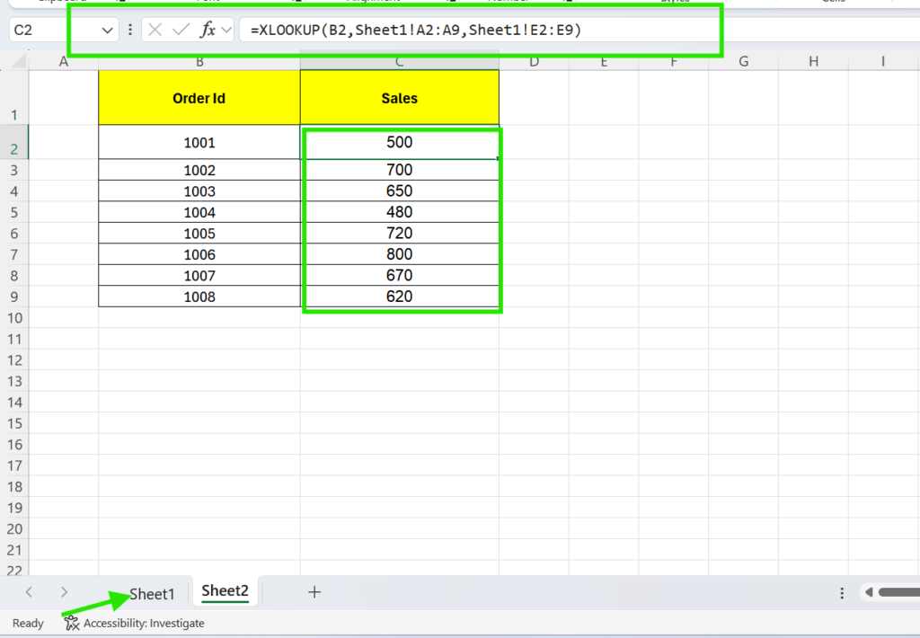 XLOOKUP with different sheet example in Excel showing how to fetch sales data from another worksheet using Order ID lookup formula.