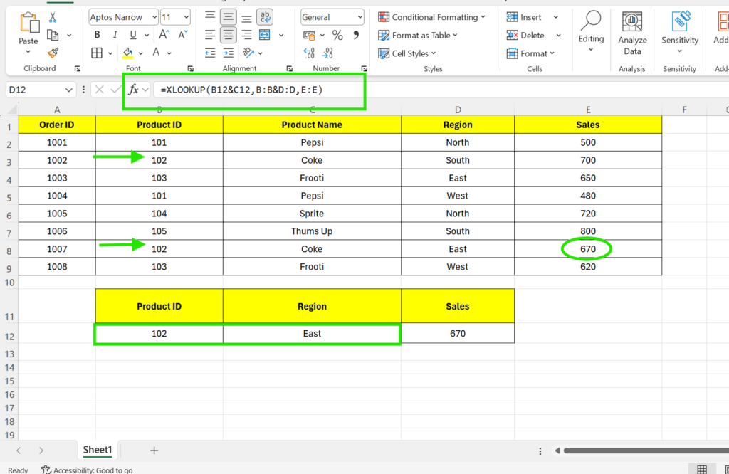 XLOOKUP with CONCAT in Excel example showing multiple condition lookup using Product ID and Region to return accurate sales values.