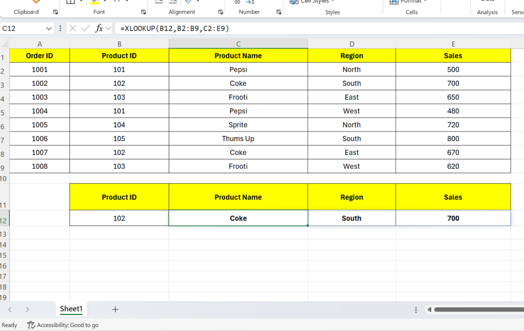 XLOOKUP returning multiple columns in Excel example showing Product Name, Region, and Sales values fetched dynamically using Product ID.