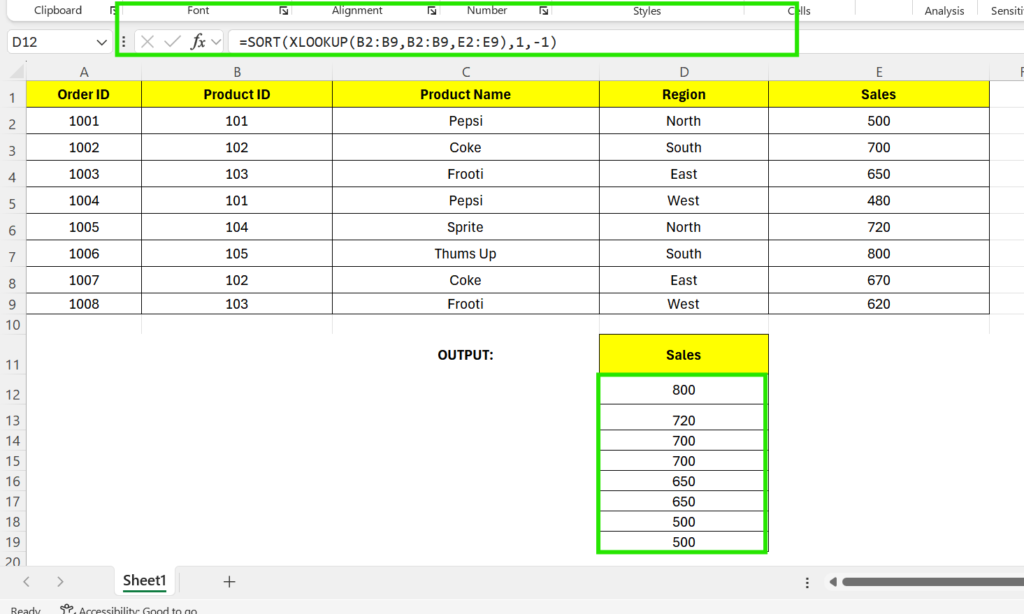SORT with XLOOKUP in Excel example showing sales values sorted in descending order using combined dynamic array formulas.