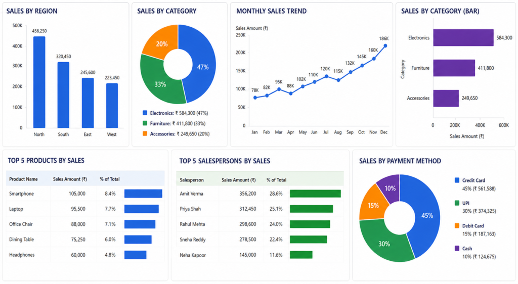 excel sales dashboard charts showing insights like region performance category distribution and monthly trends