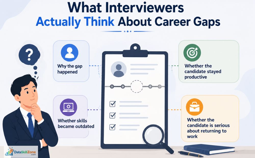 Recruiters usually focus on the reason behind the career gap, whether the candidate stayed productive, if skills remained updated, and how serious the person is about returning to work professionally.